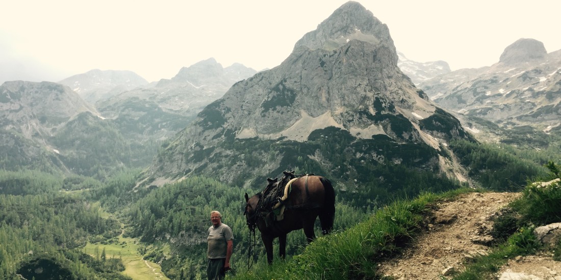 Leading a pack horse down, Triglav National Park, Slovenia
