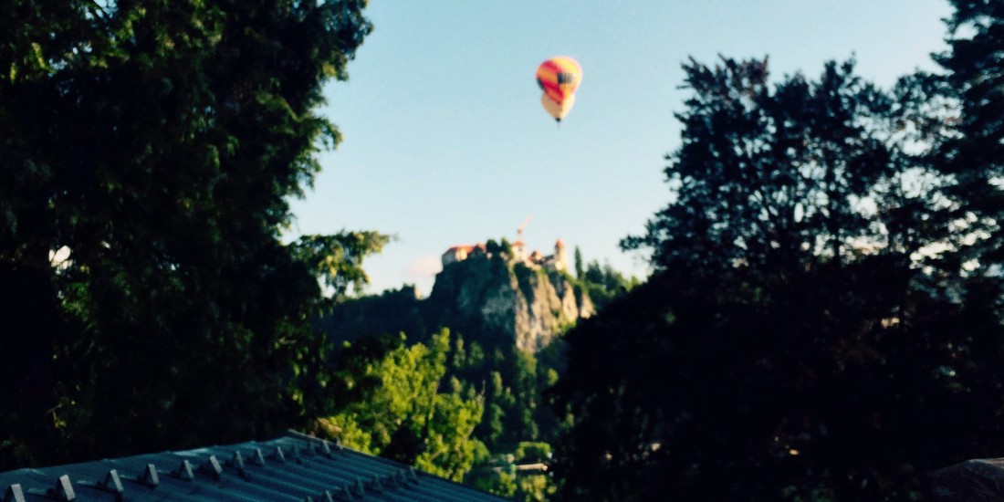 Hot air balloons over Bled castle, Slovenia