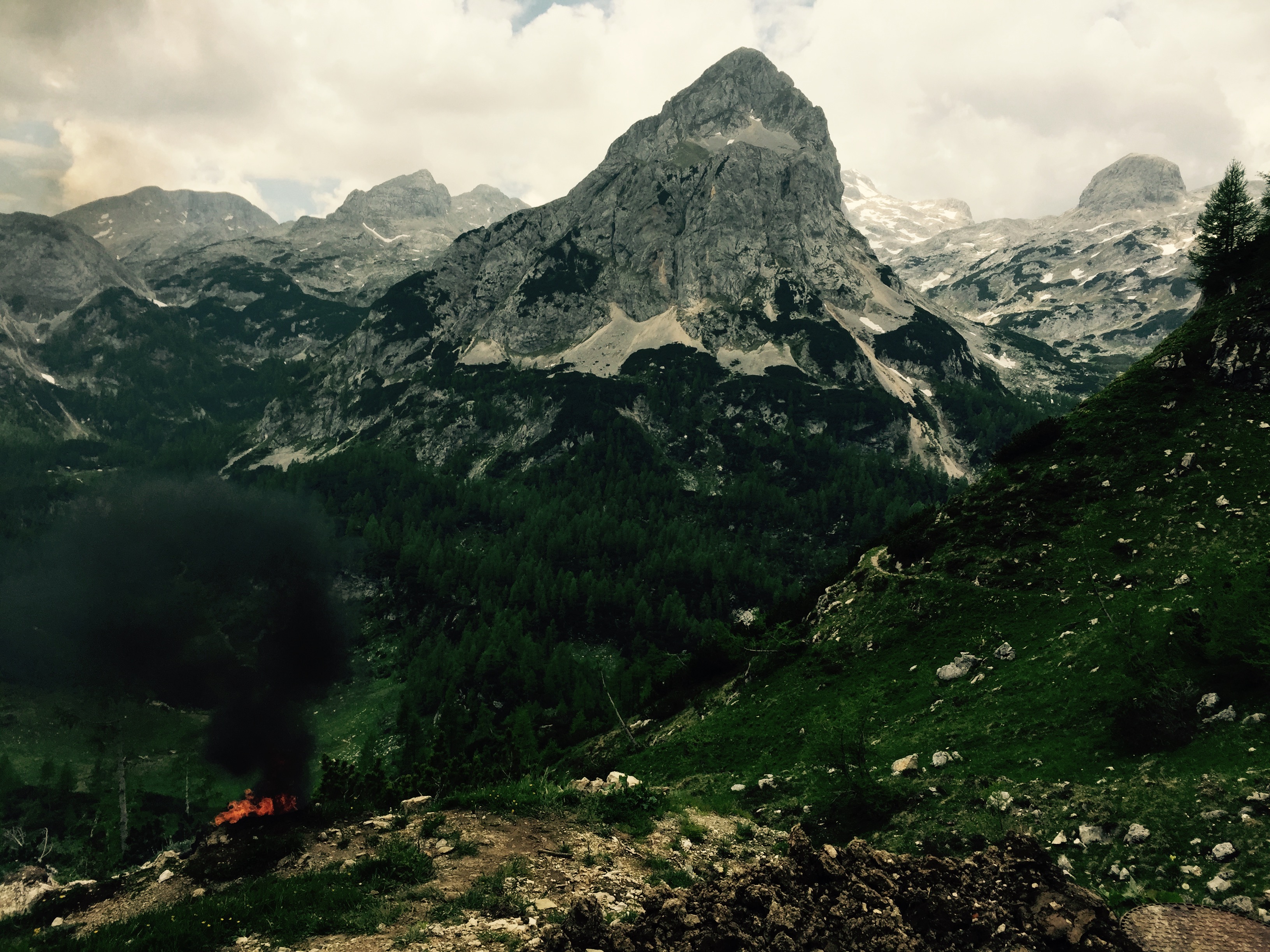 Fire with Mišeljski vrh behind, Slovenia