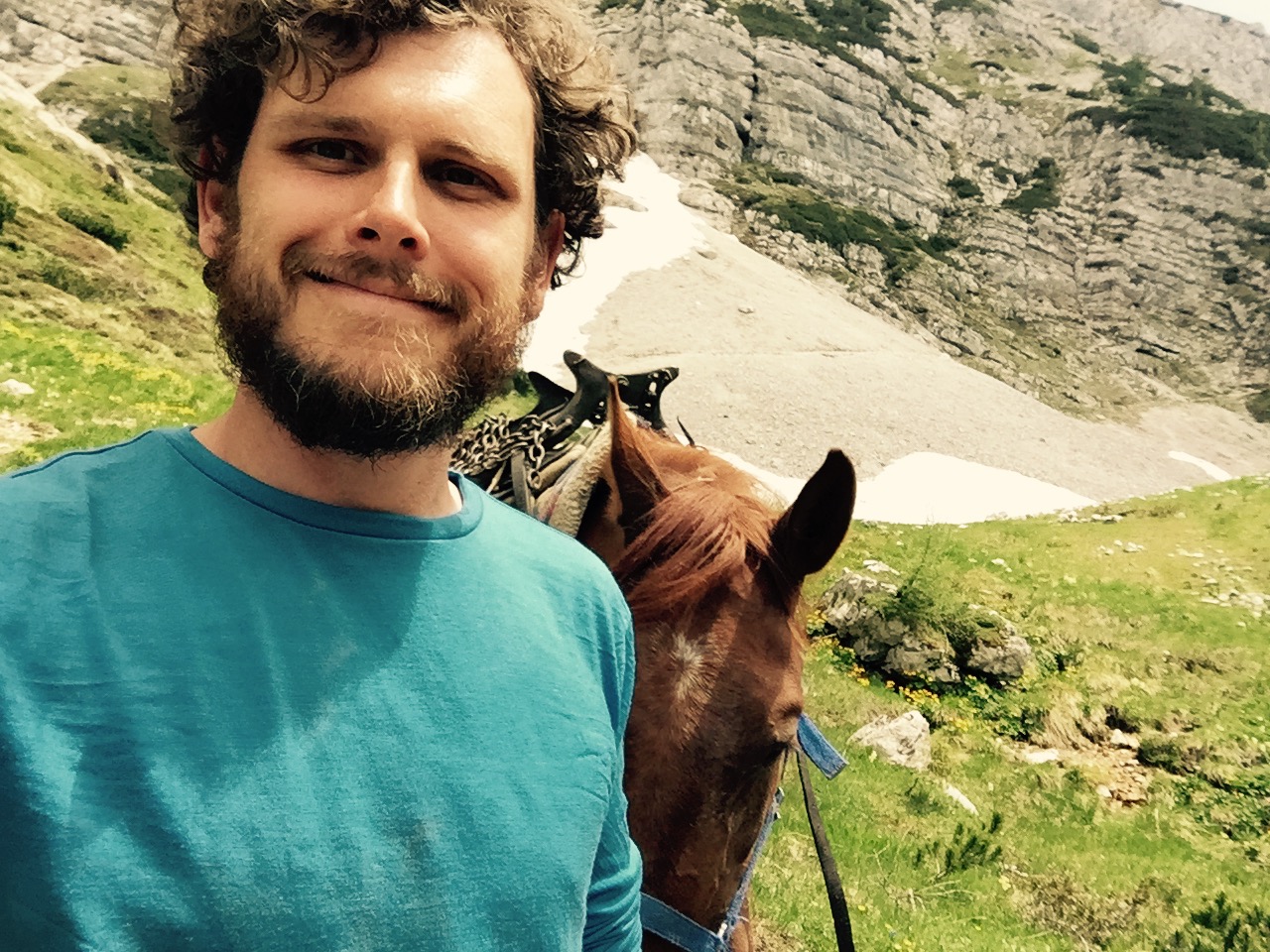 Paul Ferguson leading pack horse in Triglav National Park, Slovenia