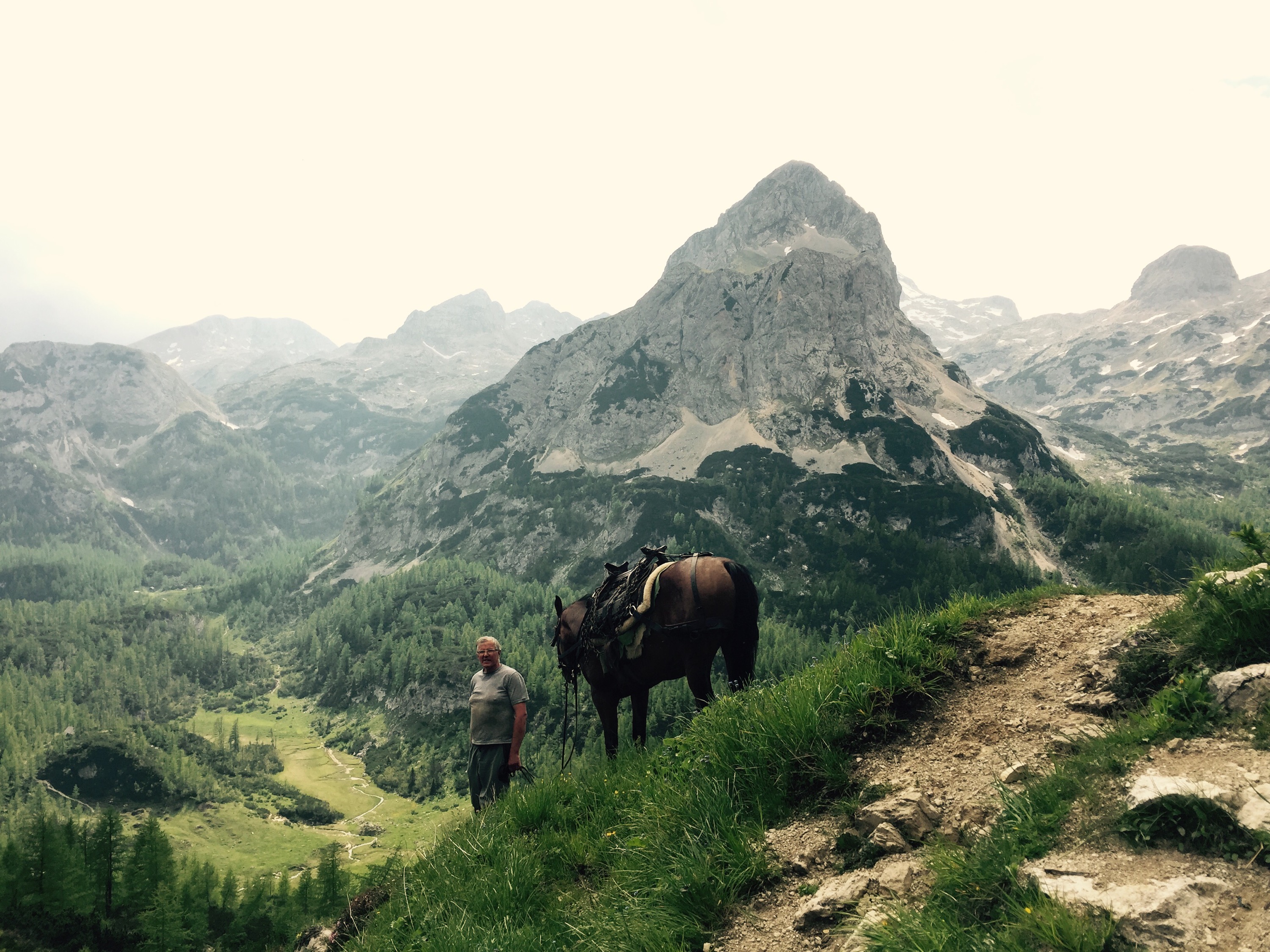 Leading a pack horse down, Triglav National Park, Slovenia