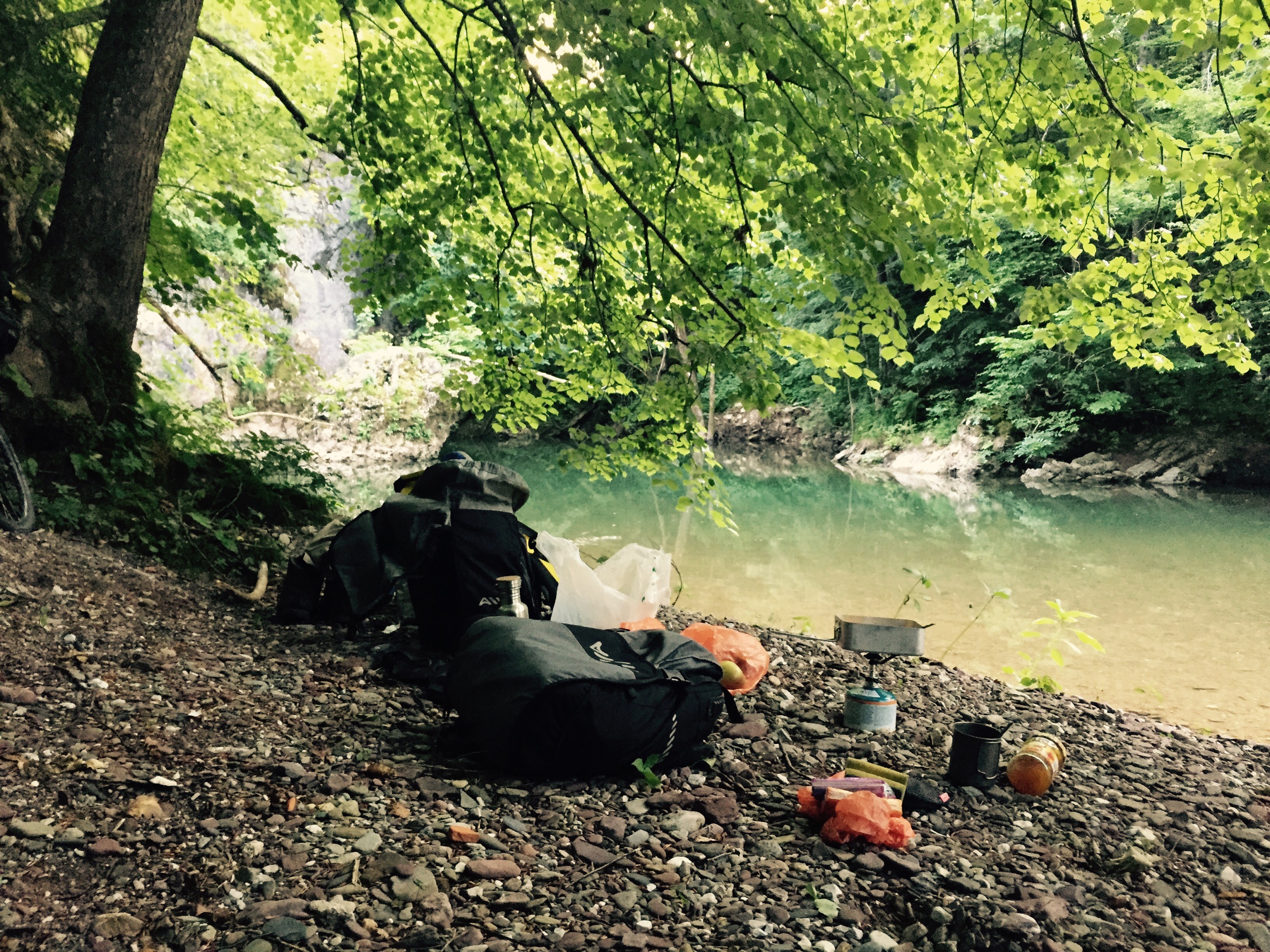 Camping on the banks of the Poljanska Sora, Slovenia