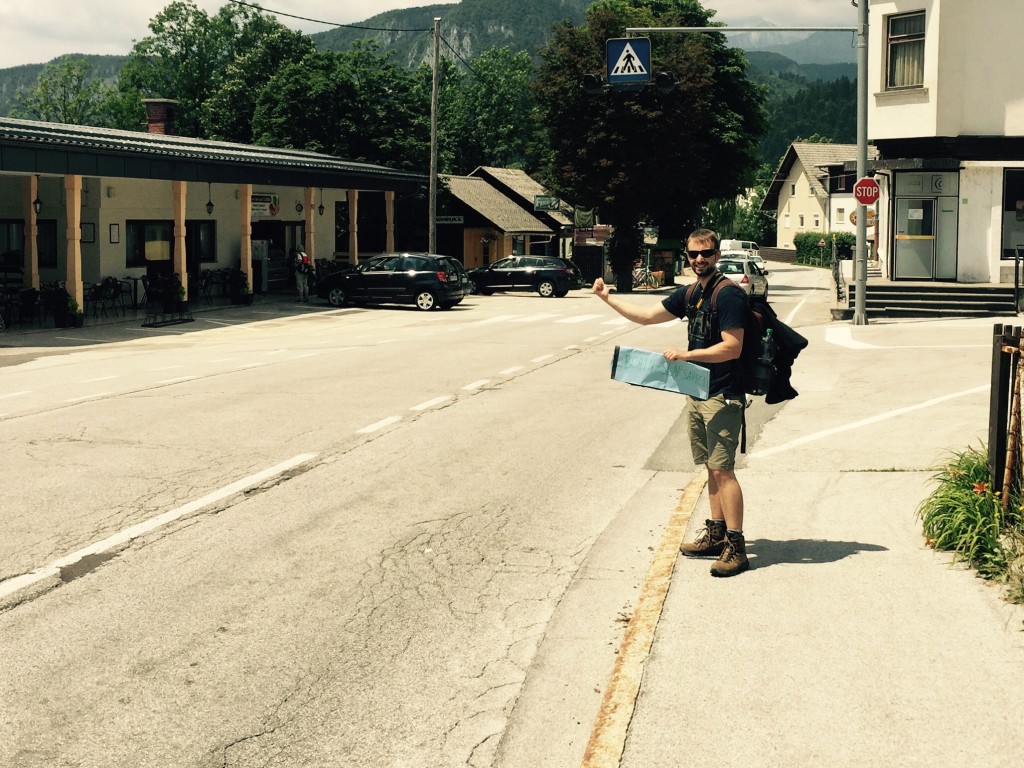 Nils hitchhiking Bled to Bohinj