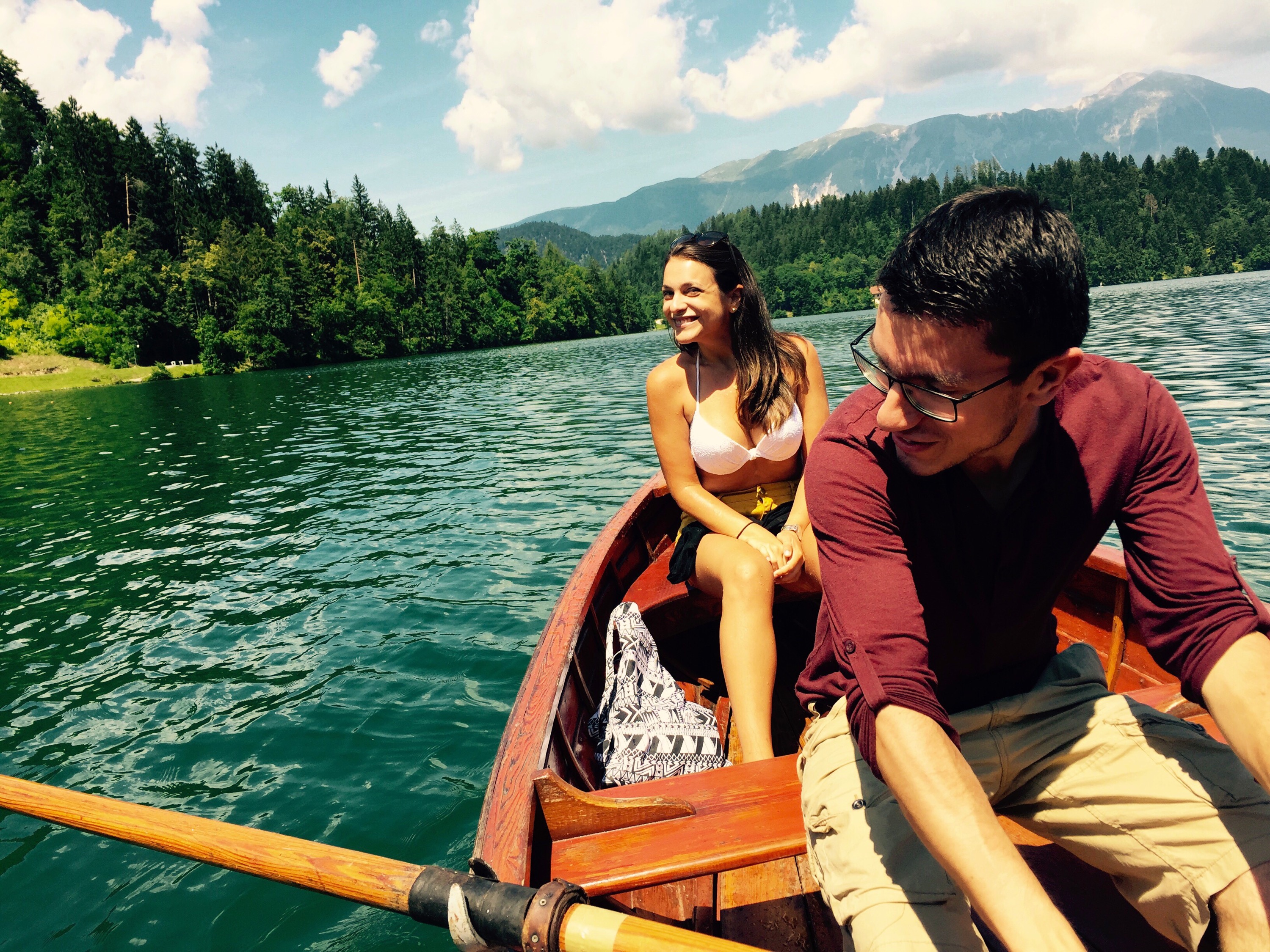 Anne and Enrique rowing on lake Bled, Slovenia