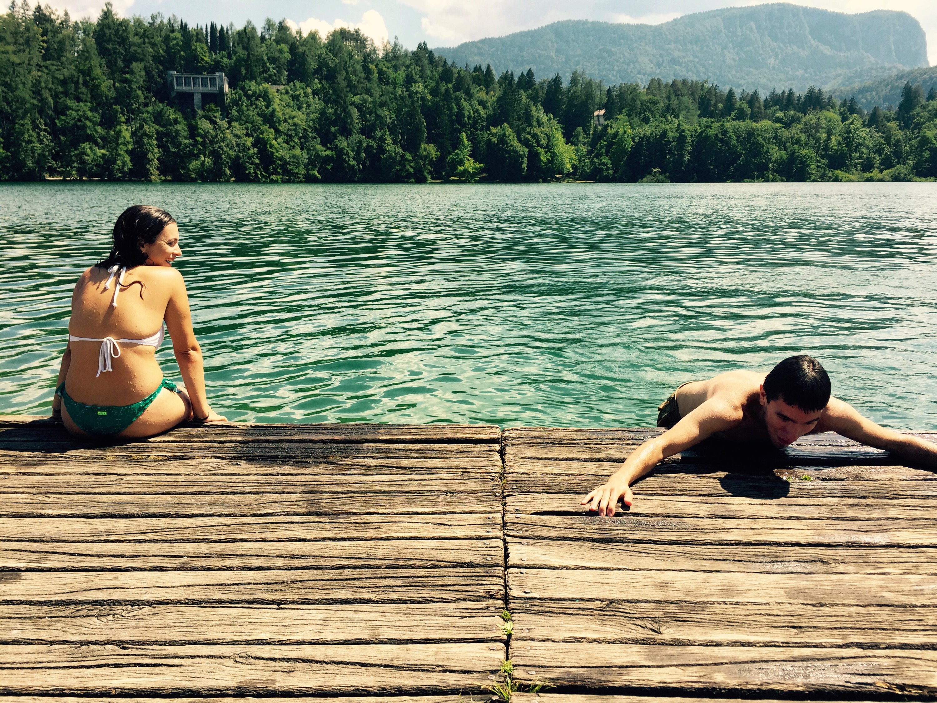 Anne and Enrique swimming on lake Bled, Slovenia