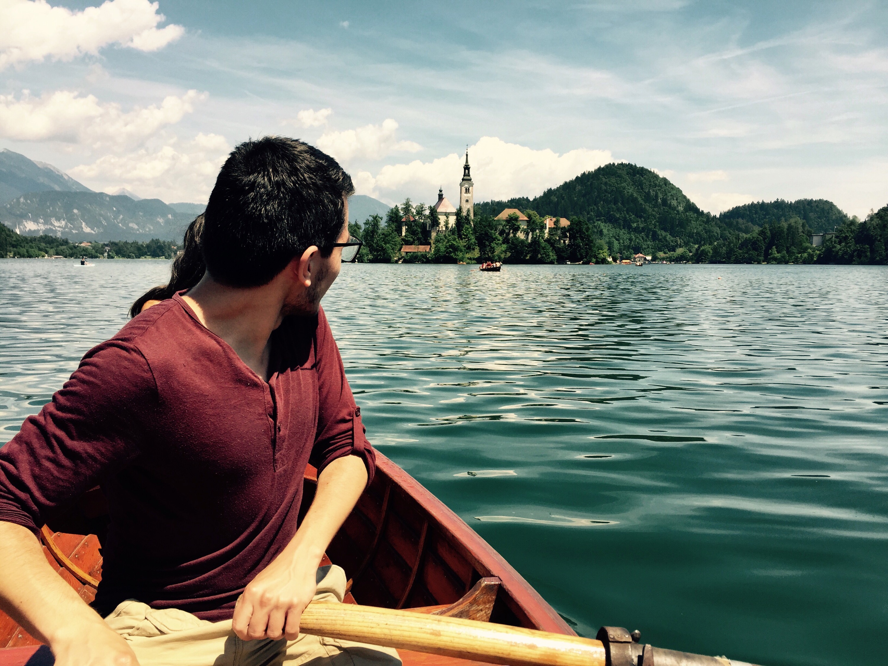 Enrique rowing on lake Bled, Slovenia