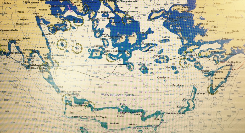 Chart with course across from Rhodos to Greece