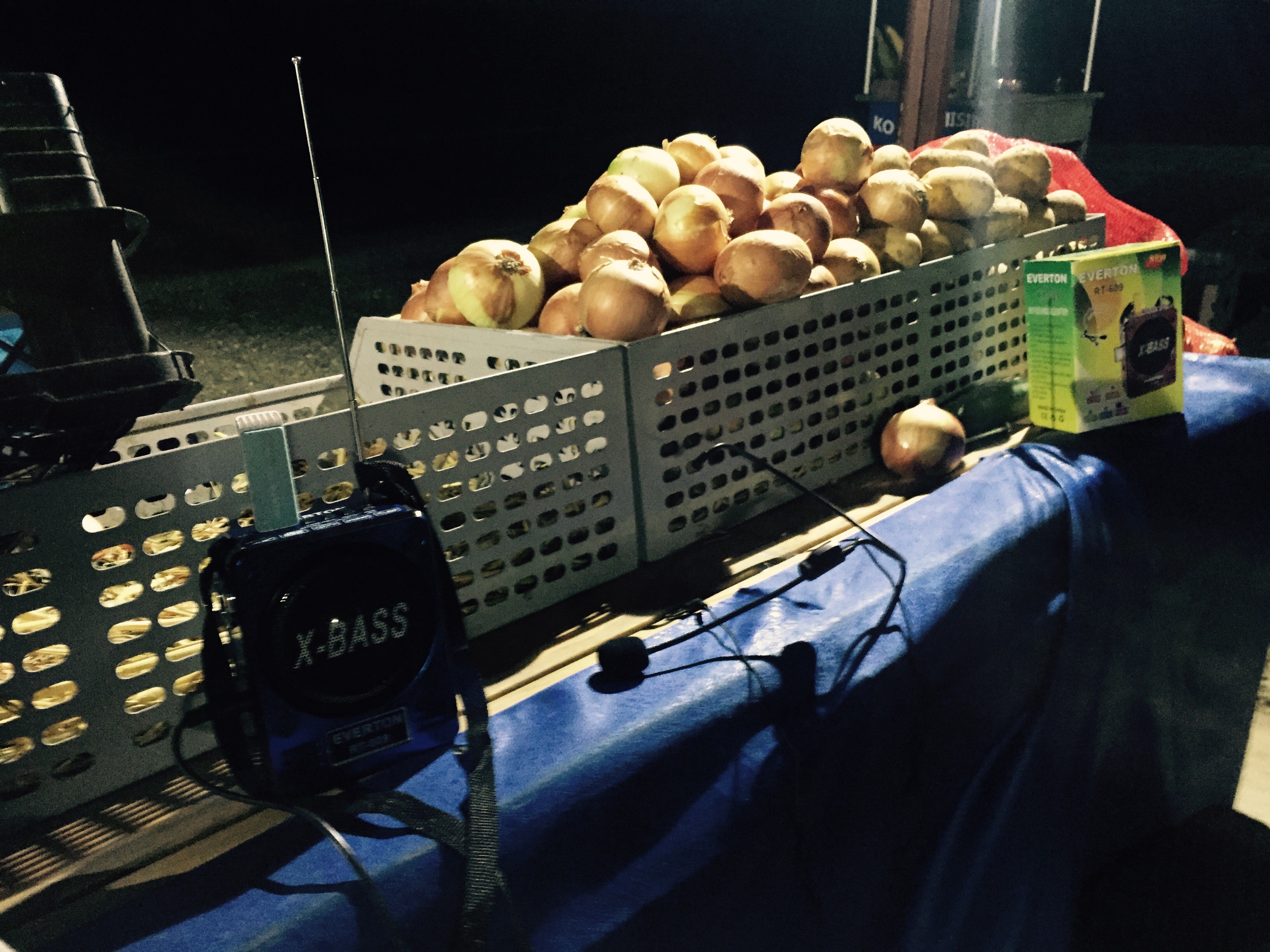 Fruit stall with home made karaoke set, Turkey