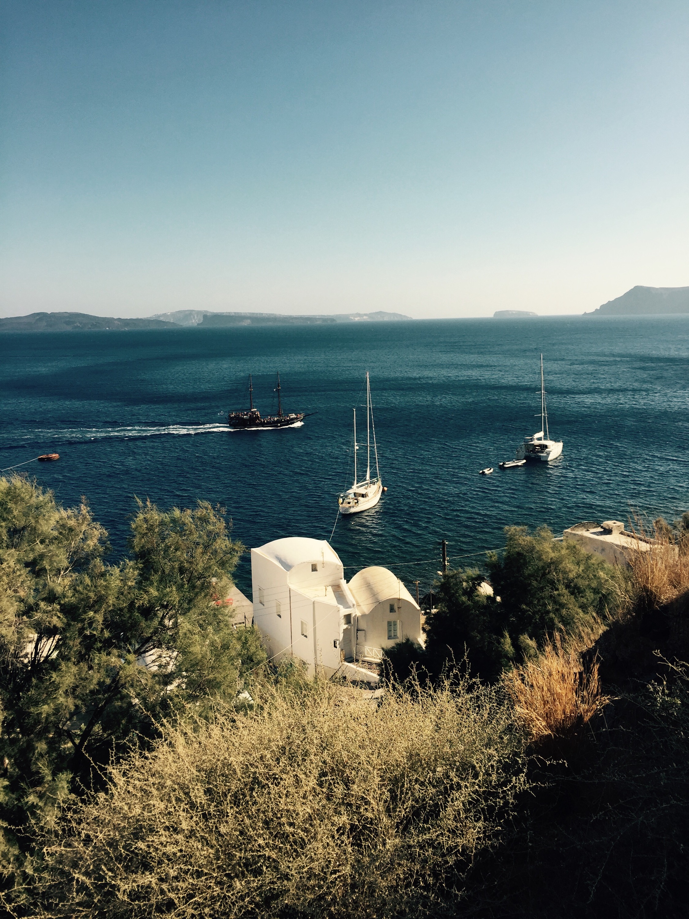 Boat Rhumb Runner at anchor, Santorini, Thira, Greece