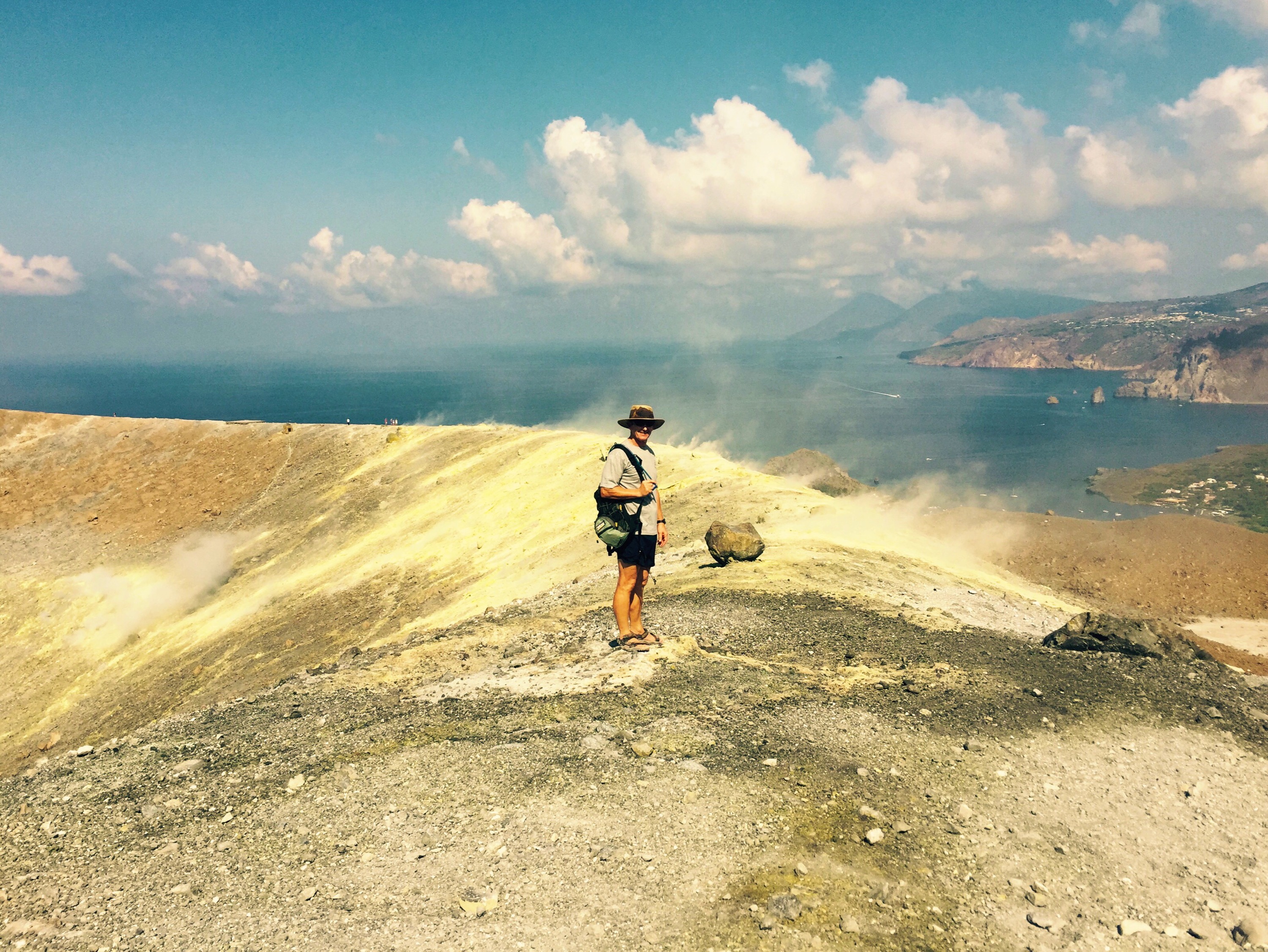 Chris about to step into the sulfur vents of Vulcano, Italy